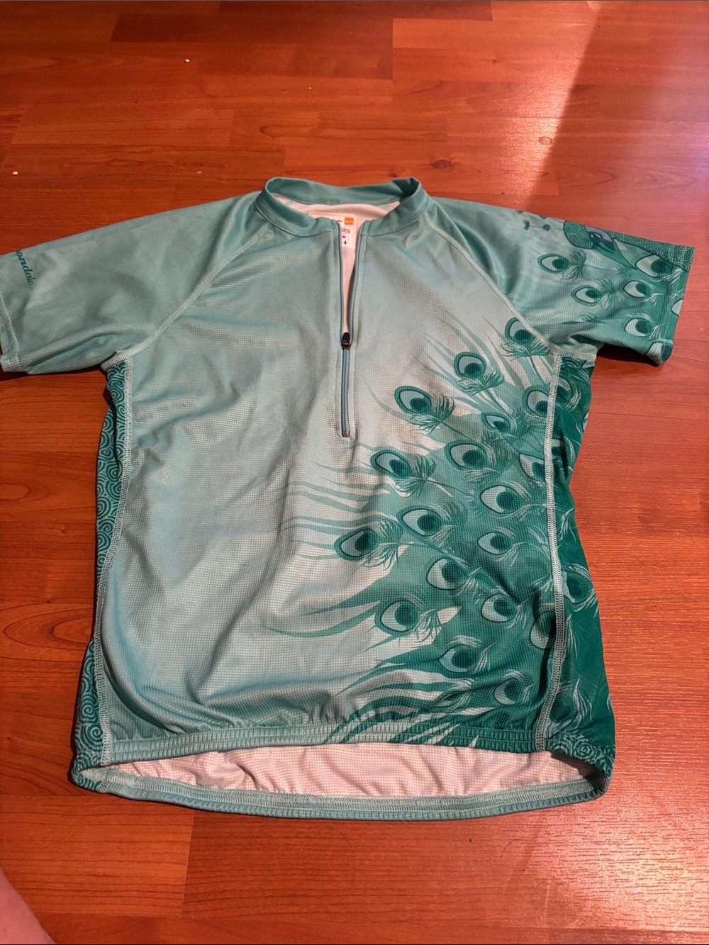 Peacock-Print Teal Half-Zip Long Sleeve Athletic Tee